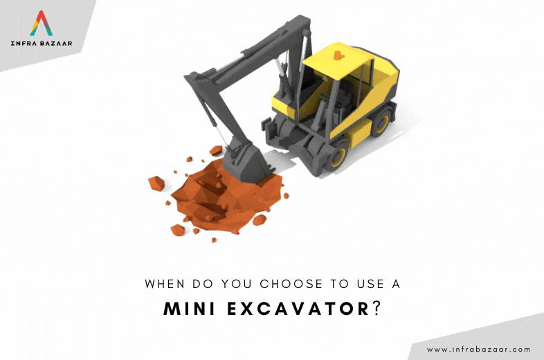 A mini excavator in action with attachments such as a blade for snow plowing and a bucket for hole digging.
